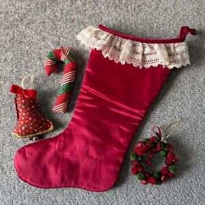 Vintage 80's/90's Red Christmas Stocking w/ Lace Trim + 3 Ornaments Fabric/Bells